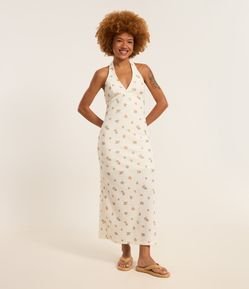 Vestido Evasê Long Midi em Renda com Estampa Floral