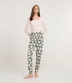 Pijama Longo em Ribana com Estampa de Coração