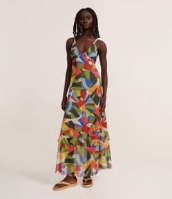 Vestido Long Midi em Tule com Estampa Tropical e Alças de Corda