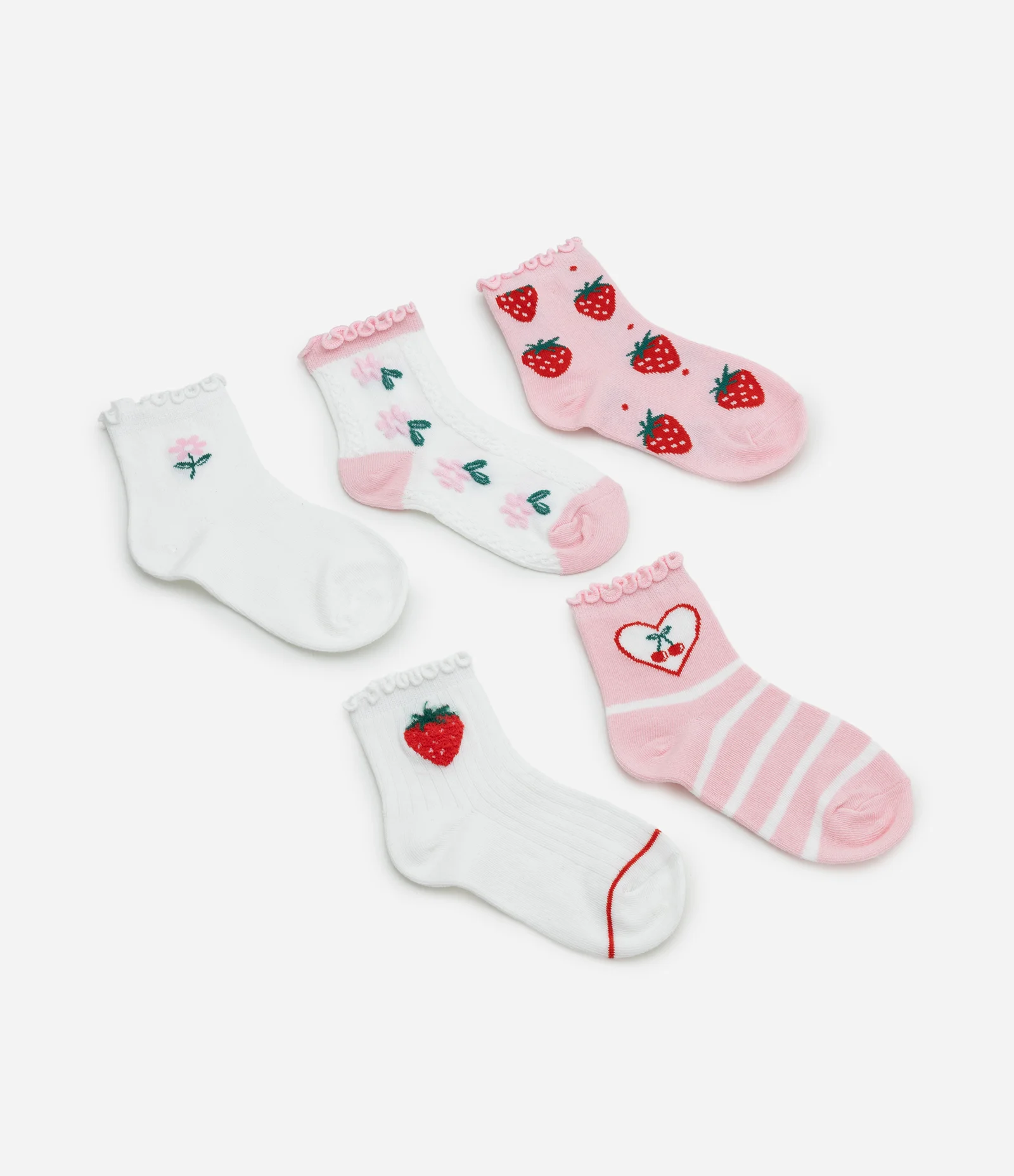 Kit 05 Meias Infantil Cano Médio com Bordados  – Tam 19/22 a 31/34 Rosa/Branco 1