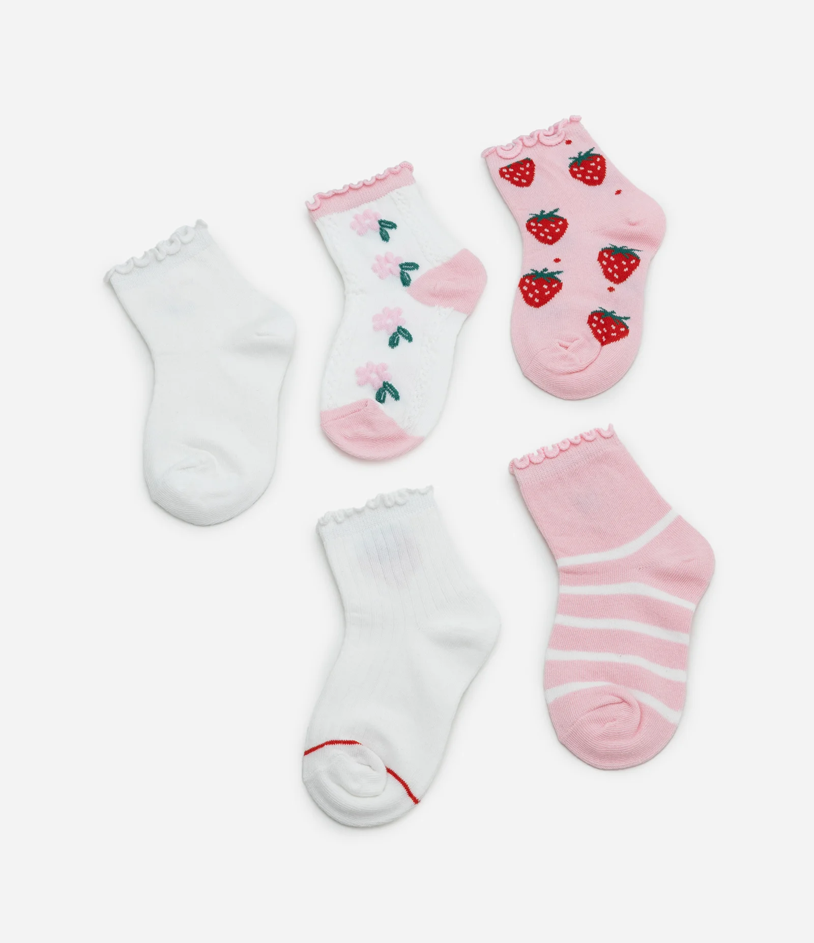 Kit 05 Meias Infantil Cano Médio com Bordados  – Tam 19/22 a 31/34 Rosa/Branco 2