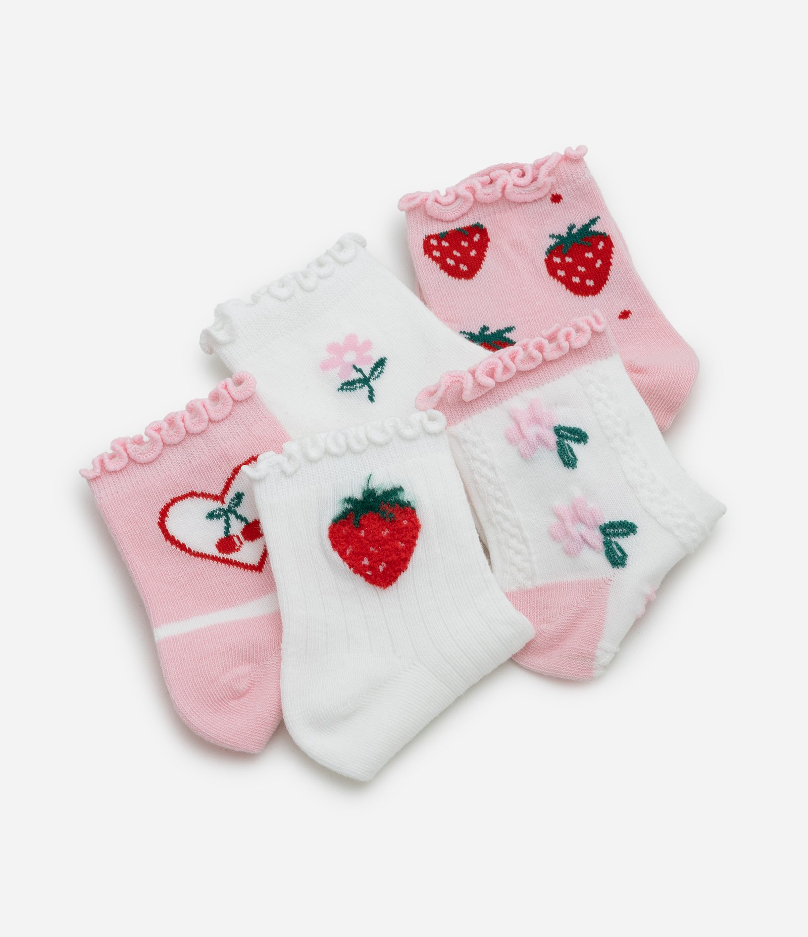 Kit 05 Meias Infantil Cano Médio com Bordados  – Tam 19/22 a 31/34 Rosa/Branco 3