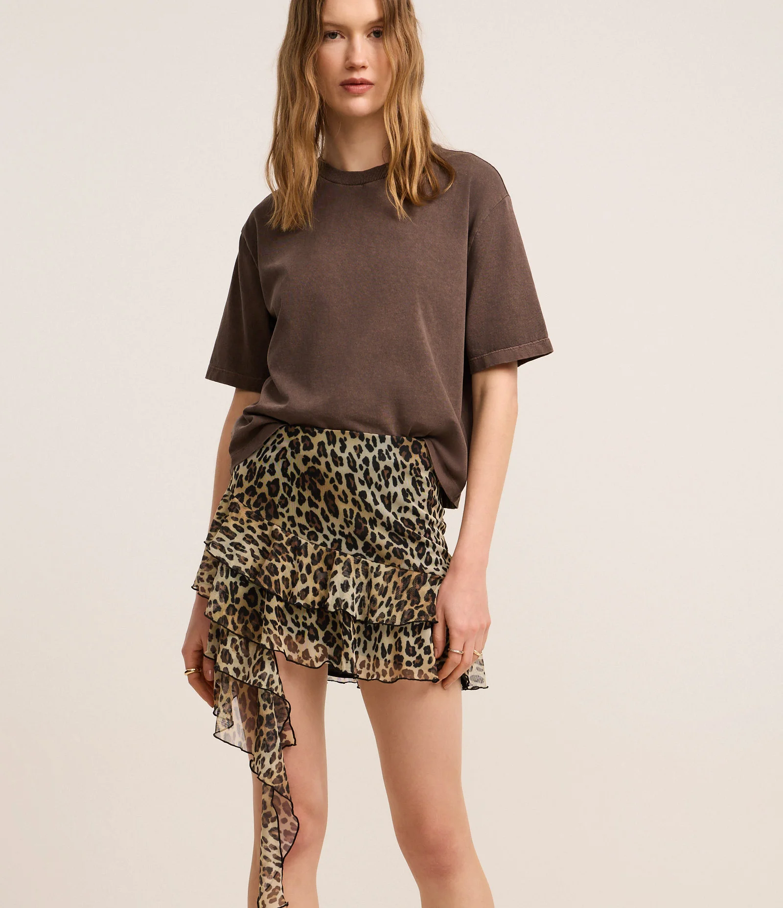 Saia Curta em Tule Animal Print e Babado Duplo com Ponta Marrom 2