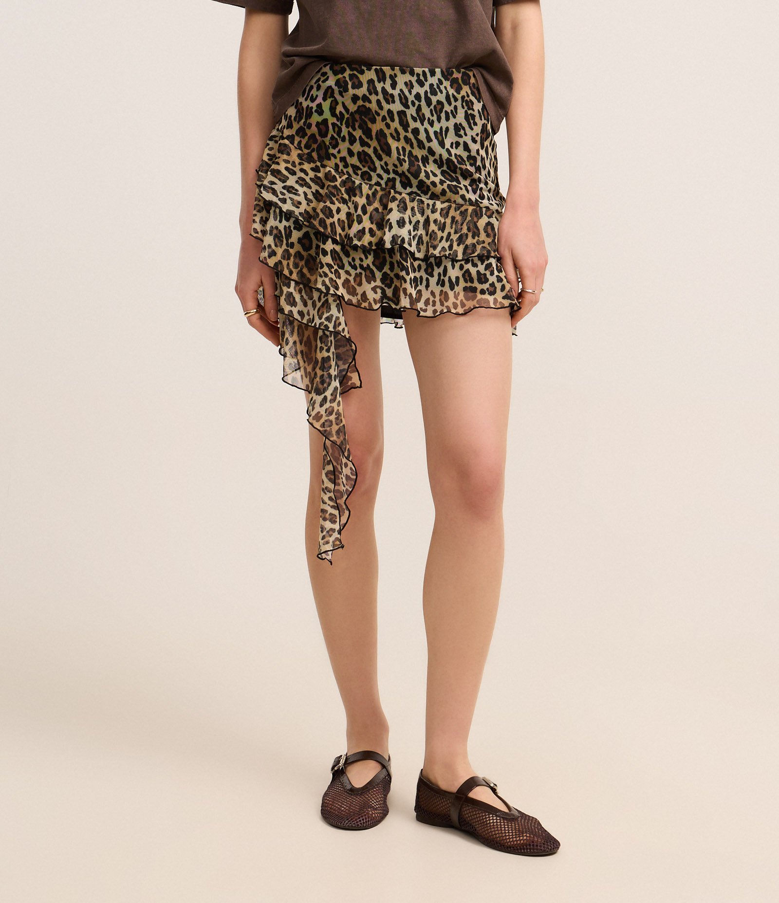 Saia Curta em Tule Animal Print e Babado Duplo com Ponta Marrom 3