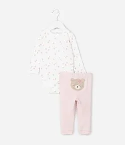 Conjunto Infantil Floral com Body e Calça Ursinha – Tam RN a 18 Meses
