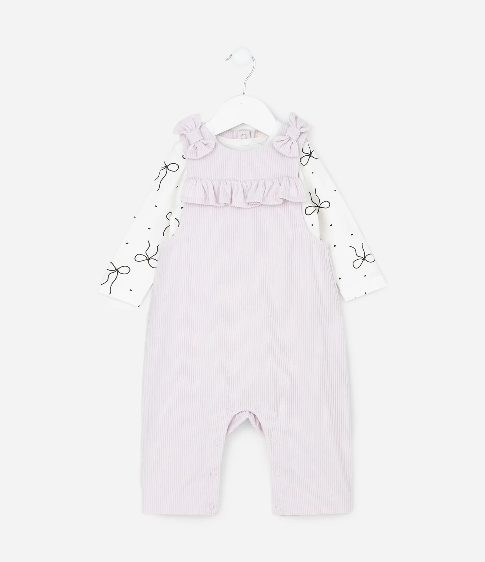 Conjunto Infantil Body e Jardineira em Cotelê com Laços – Tam 0 a 18 Meses Branco/Lilás 1