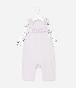 Conjunto Infantil Body e Jardineira em Cotelê com Laços – Tam 0 a 18 Meses