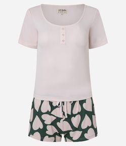 Pijama Short Doll em Ribana com Estampa de Coração