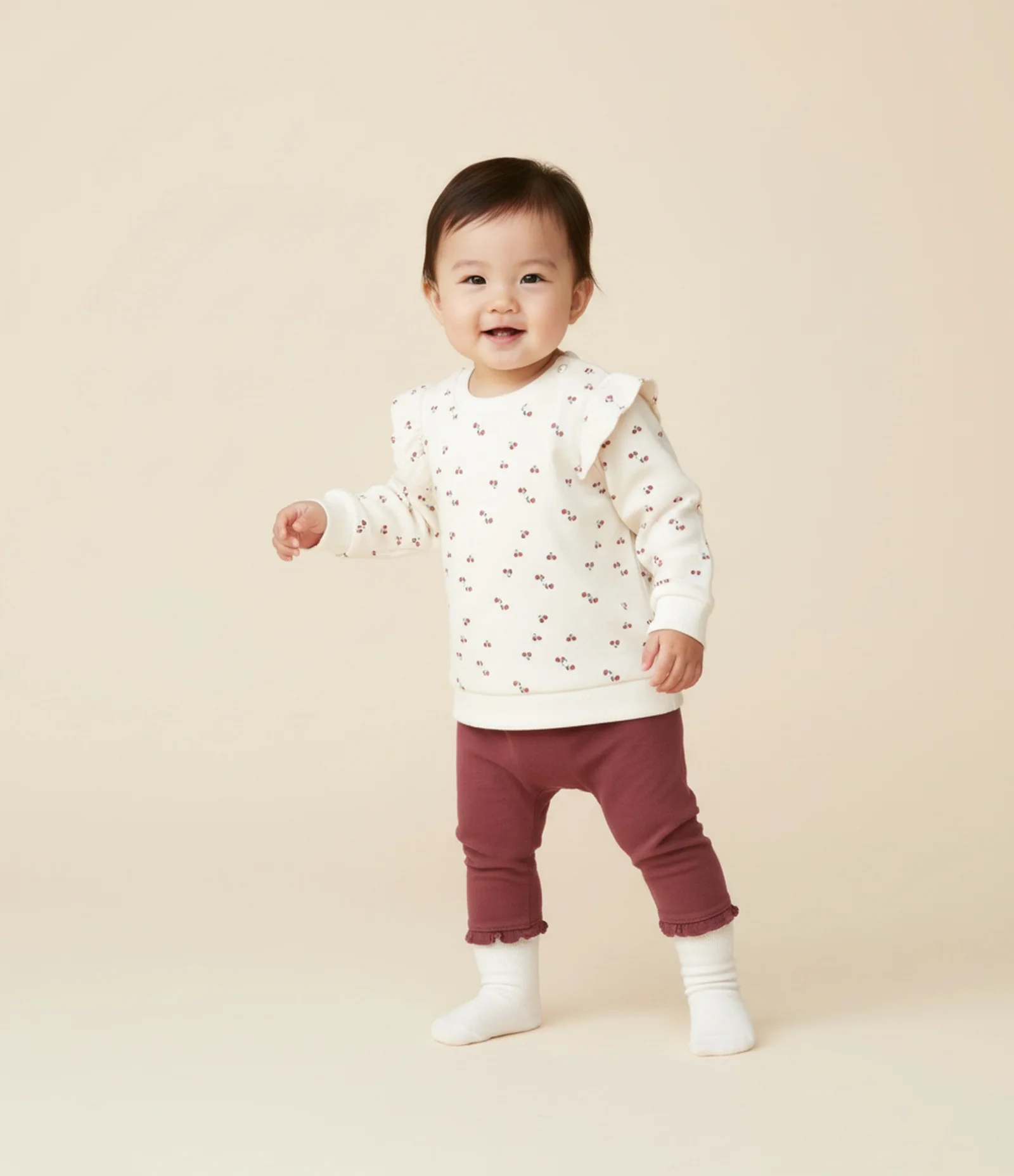 Conjunto Infantil em Matelassê com Cerejinhas e Legging Polar – Tam RN a 18 Meses Off White/Vinho 1