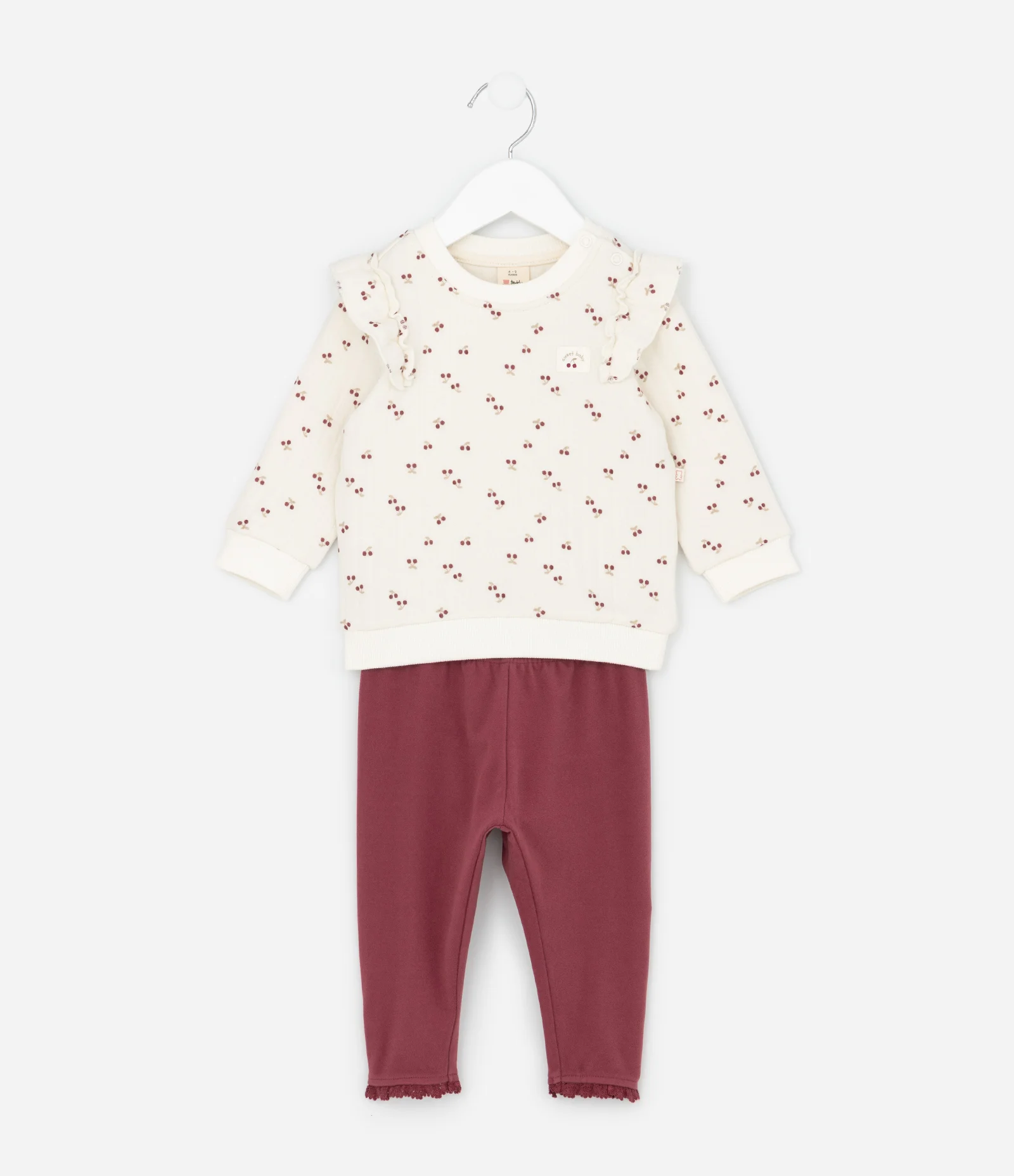 Conjunto Infantil em Matelassê com Cerejinhas e Legging Polar – Tam RN a 18 Meses Off White/Vinho 1