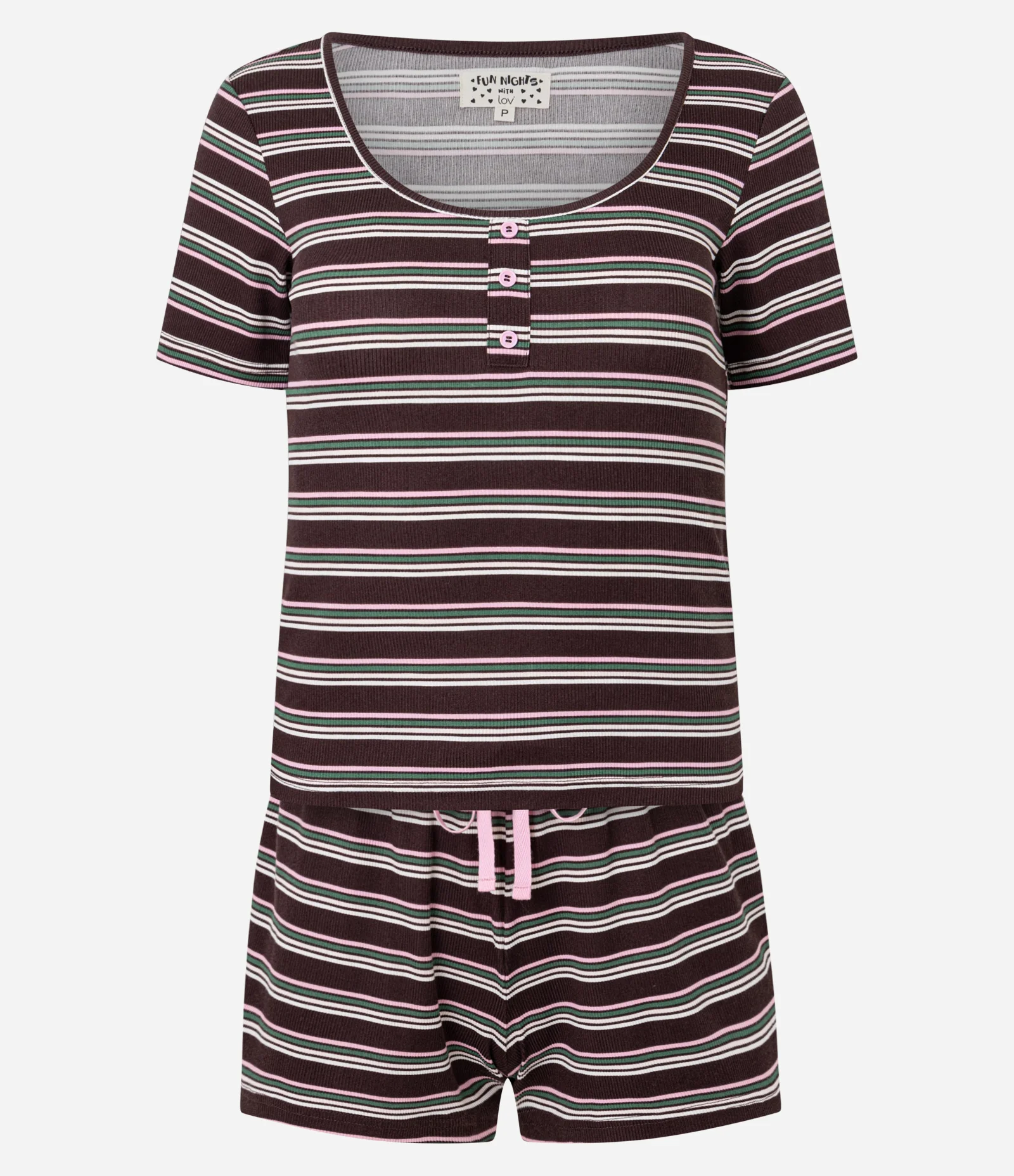 Pijama Short Doll em Ribana com Estampa Listrada Marrom 1