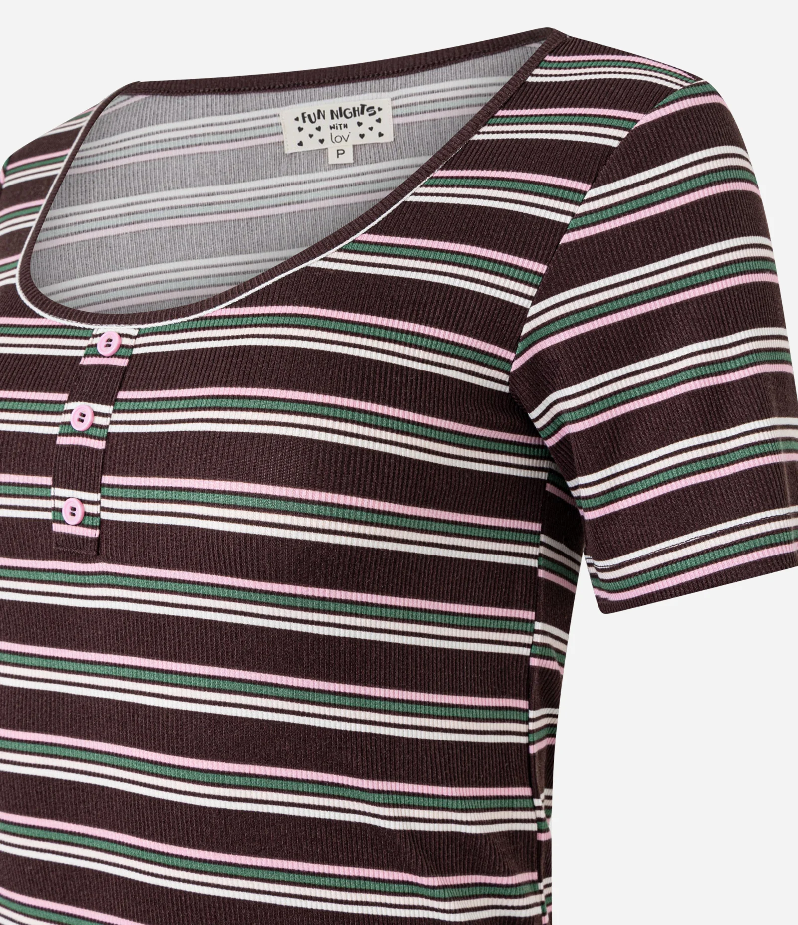 Pijama Short Doll em Ribana com Estampa Listrada Marrom 2