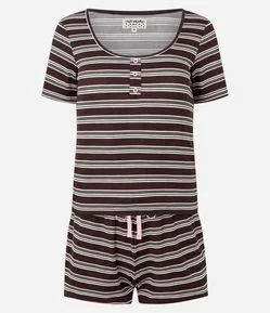 Pijama Short Doll em Ribana com Estampa Listrada
