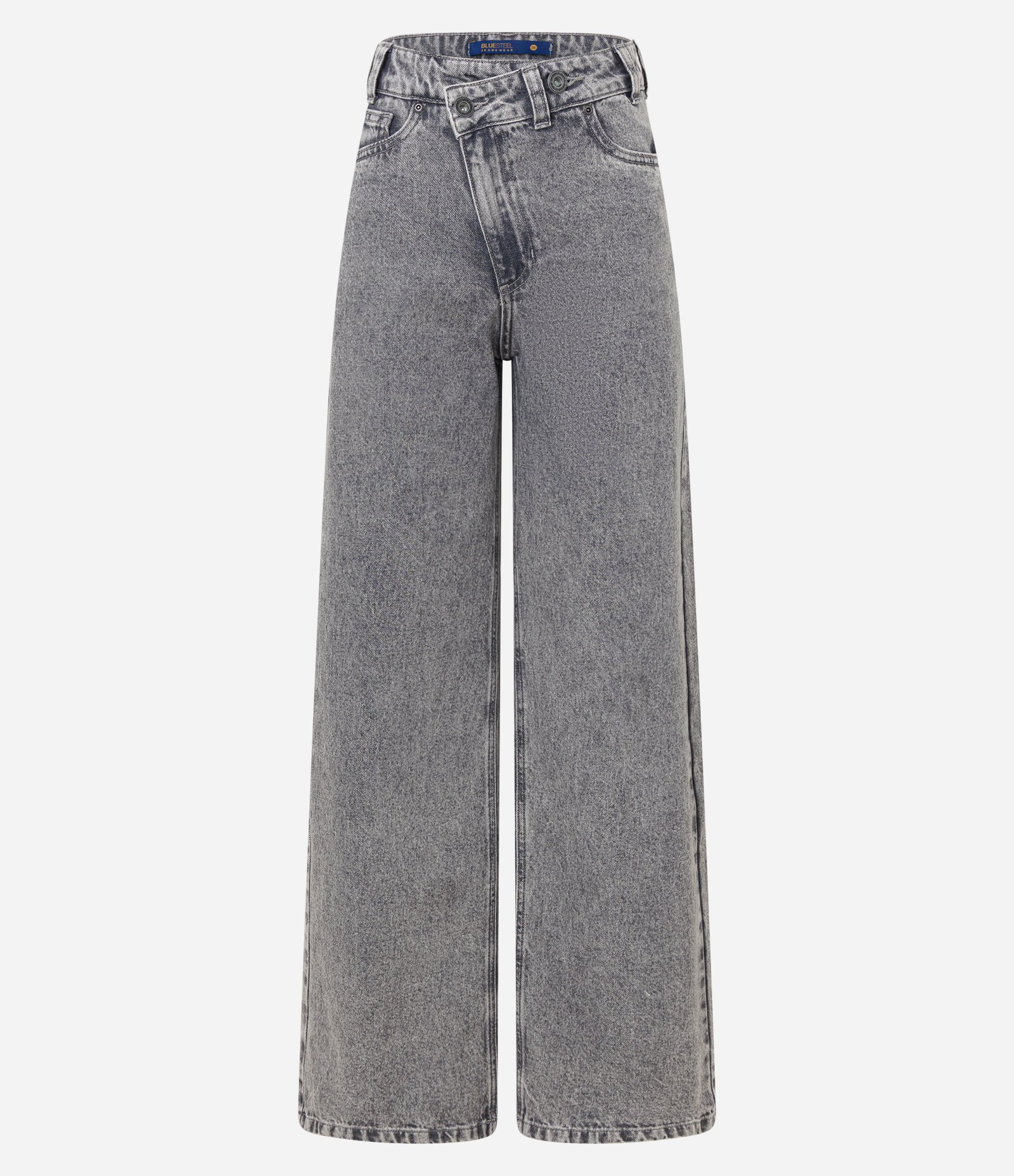 Calça Wide Leg em Jeans com Fechamento Deslocado Cinza 5