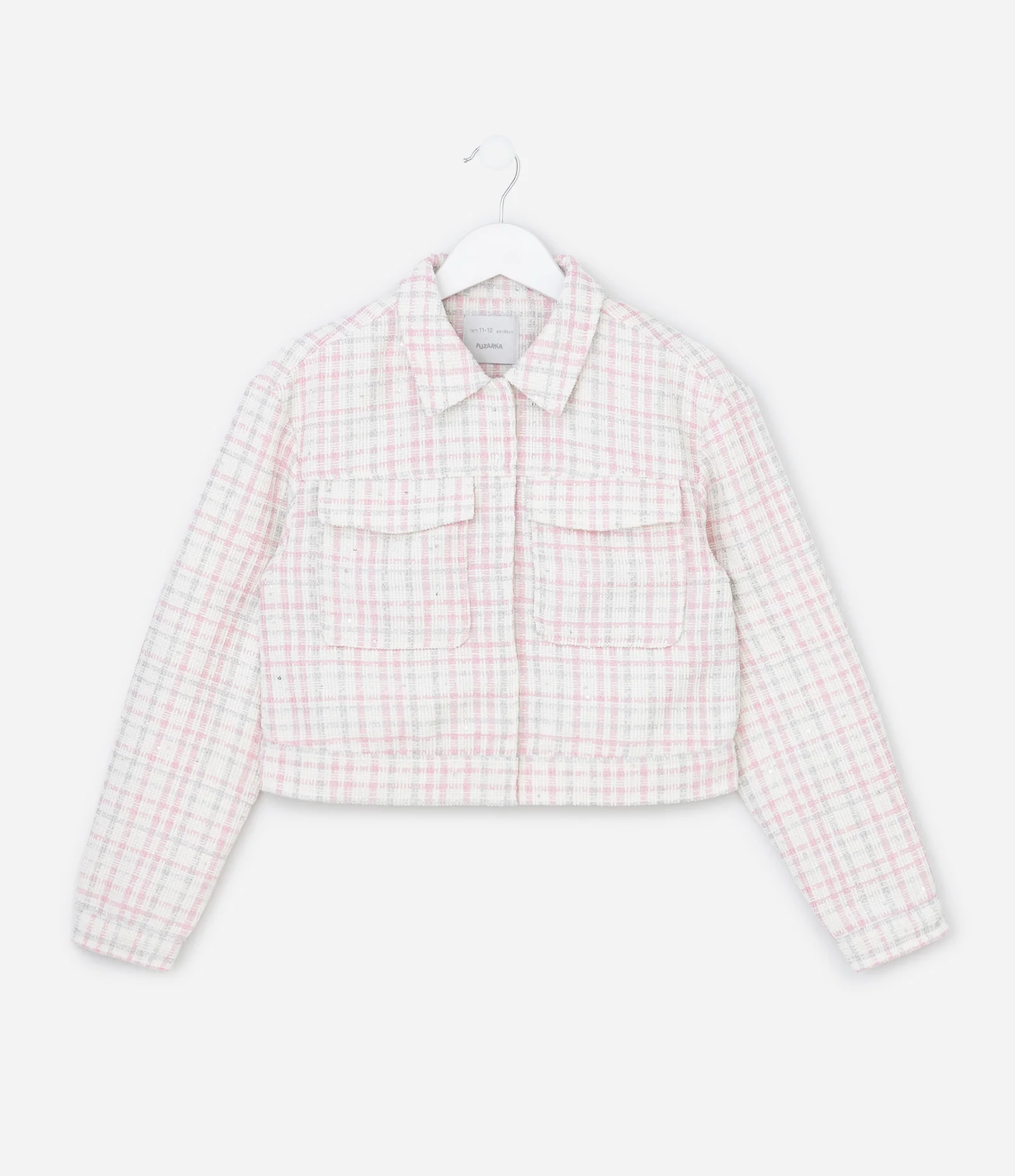 Jaqueta Infantil em Tweed com Bolsos Frontais – Tam 5 a 14 Anos Rosa/Branco 1