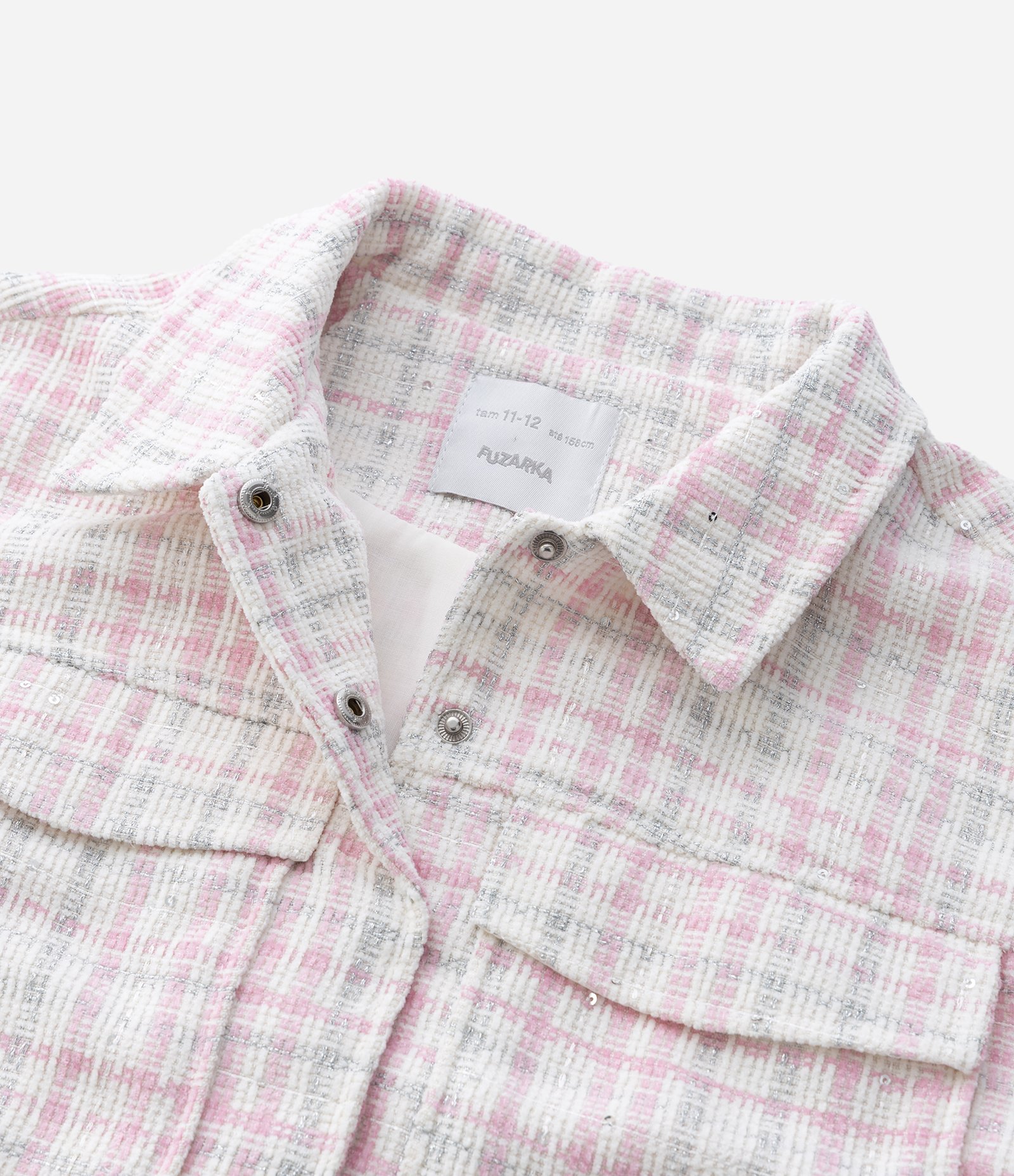 Jaqueta Infantil em Tweed com Bolsos Frontais – Tam 5 a 14 Anos Rosa/Branco 5