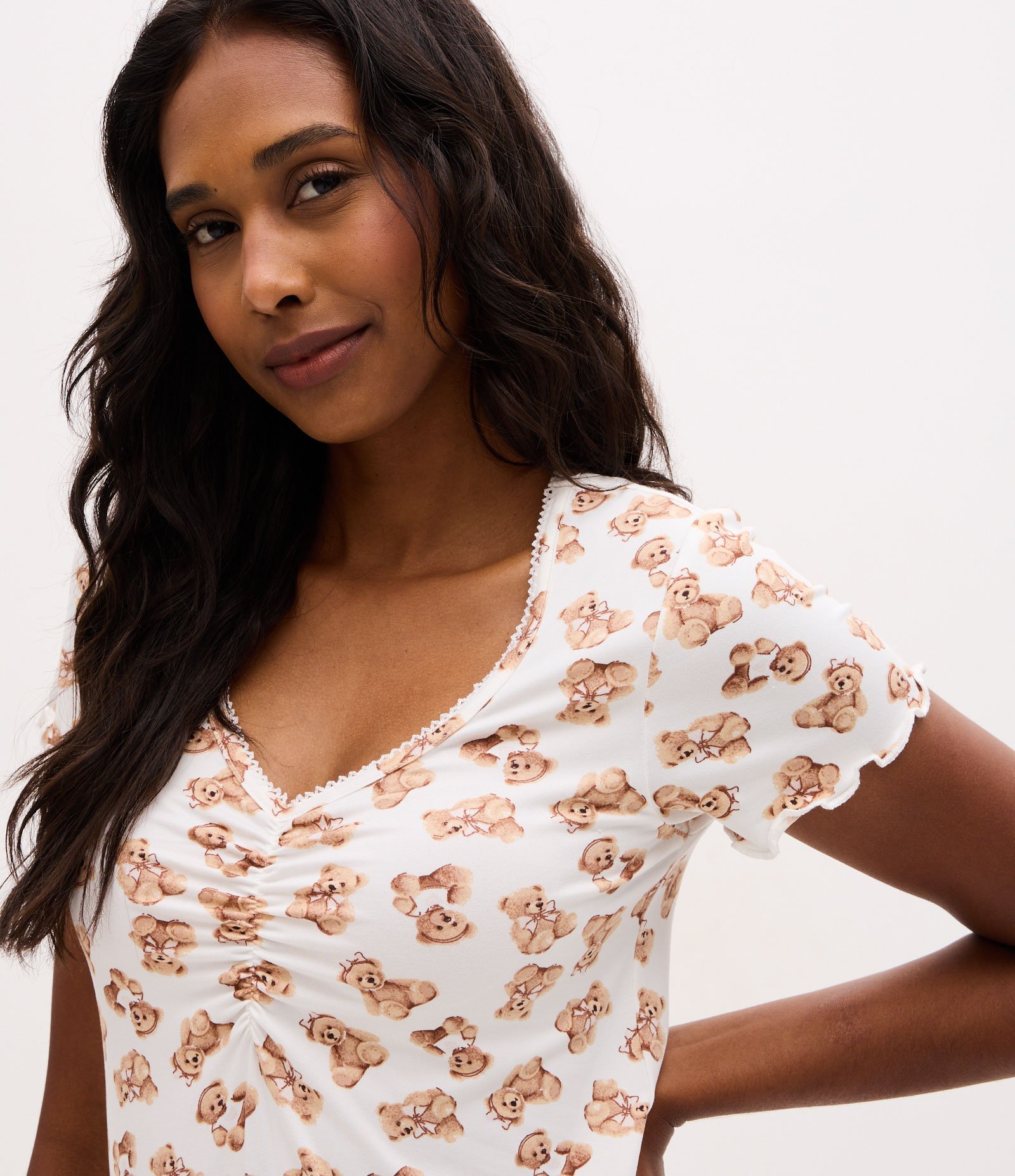 Pijama Short Doll Peach Touch com Estampa de Ursinhos Branco/Bege 3