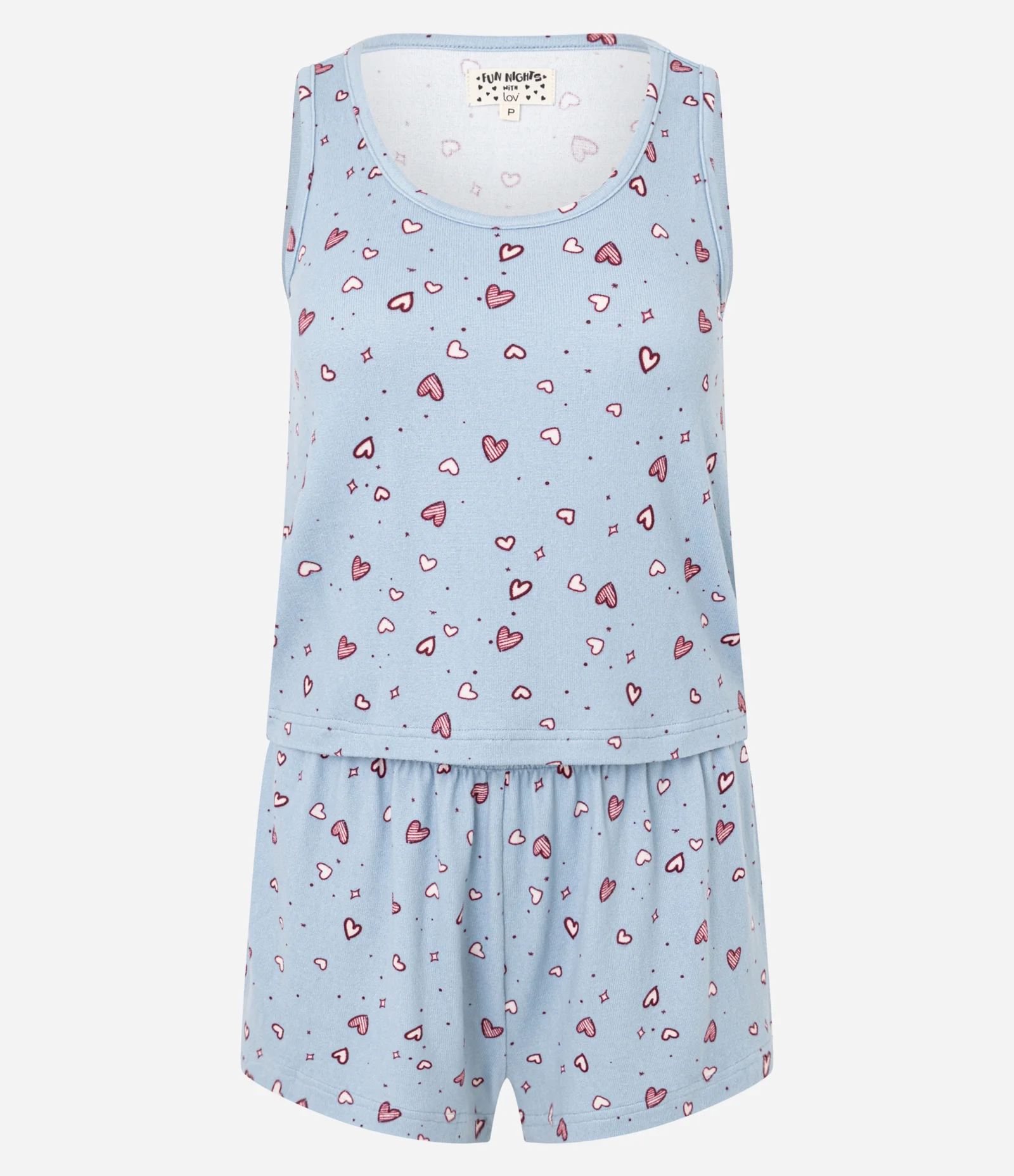 Pijama Short Doll em Tricô com Estampa de Corações Azul 1
