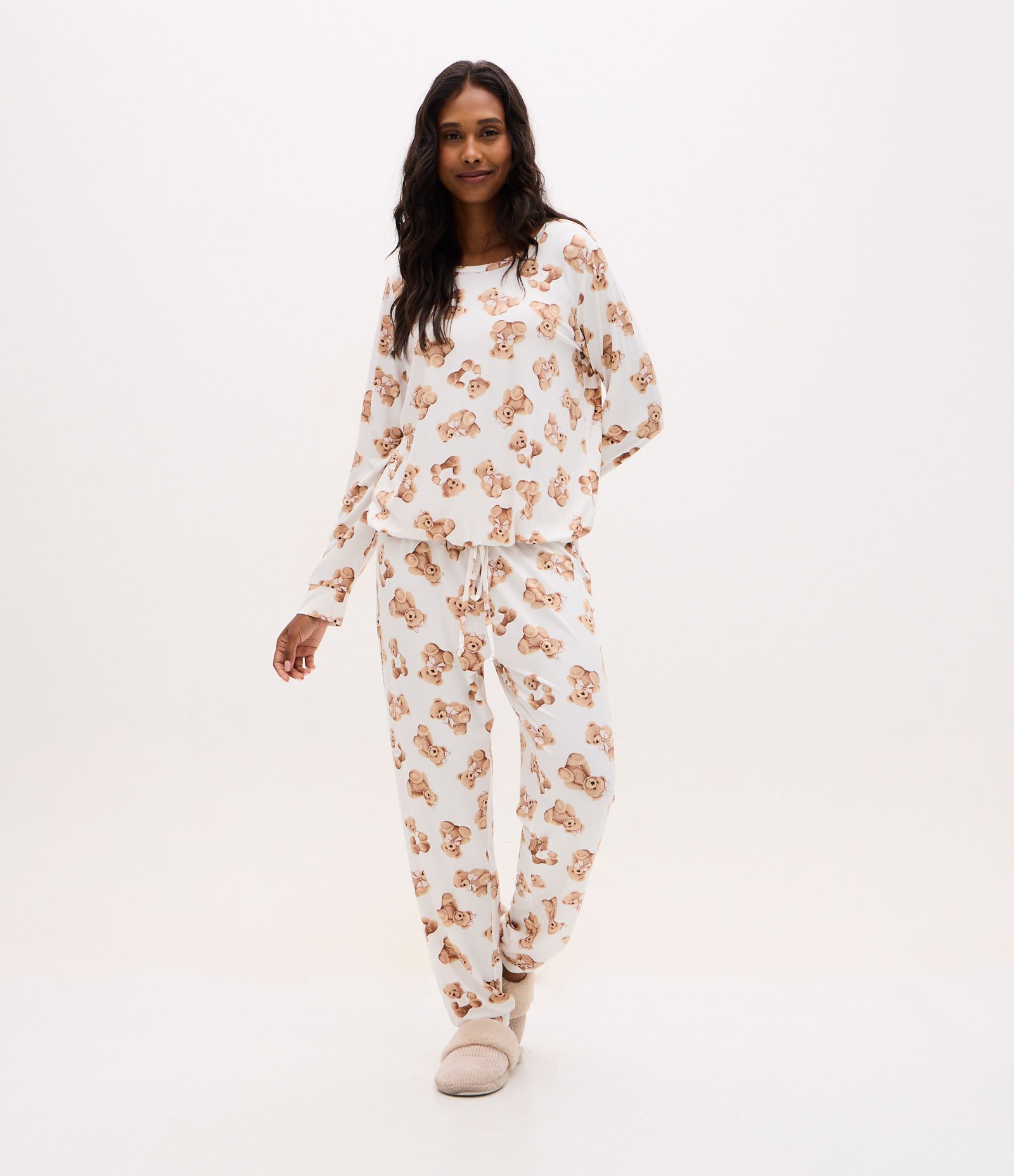 Pijama Longo Peach Touch com Estampa de Ursinhos Branco/Bege 2
