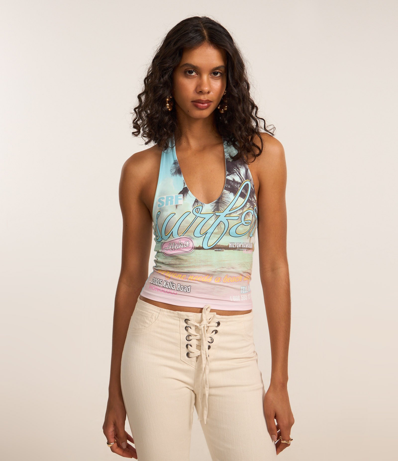 Blusa Frente Única em Microfibra com Estampa Praia Aloha Multicores 1