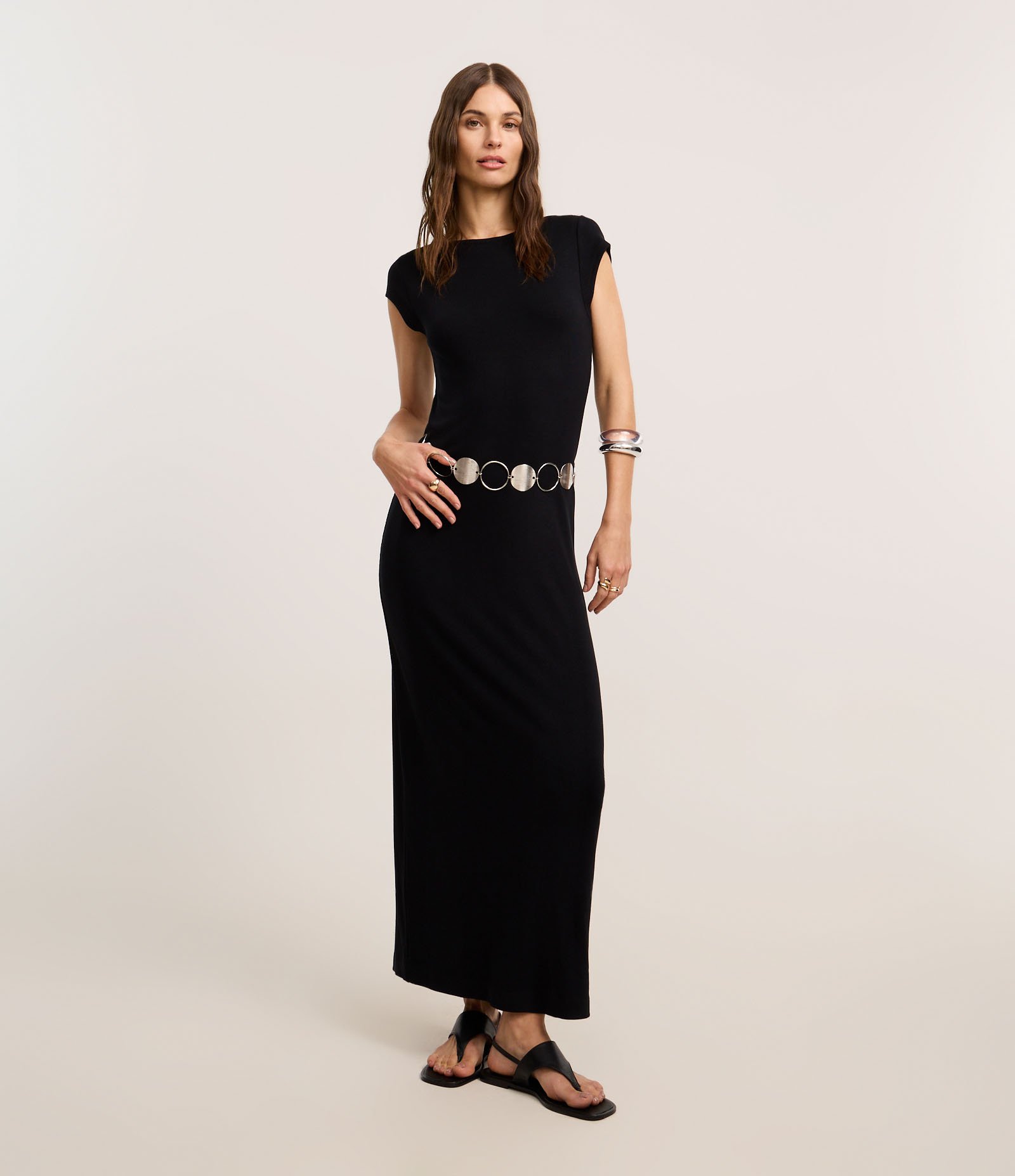 Vestido Longo Canelado em Ribana com Fenda Preto 1