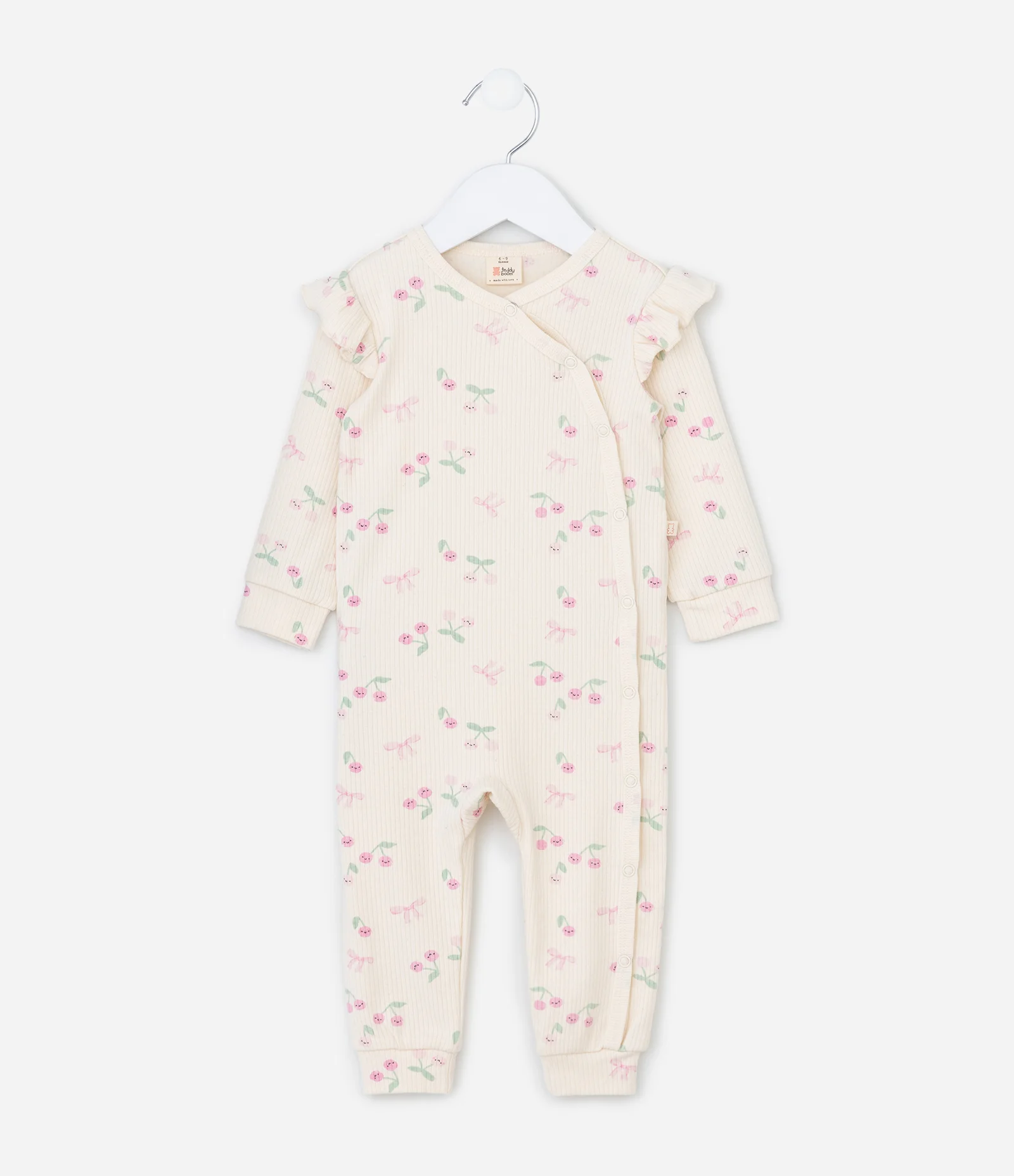 Macacão Infantil Manga Longa com Estampa Cerejinha – Tam 0 a 18 Meses Bege Claro 1