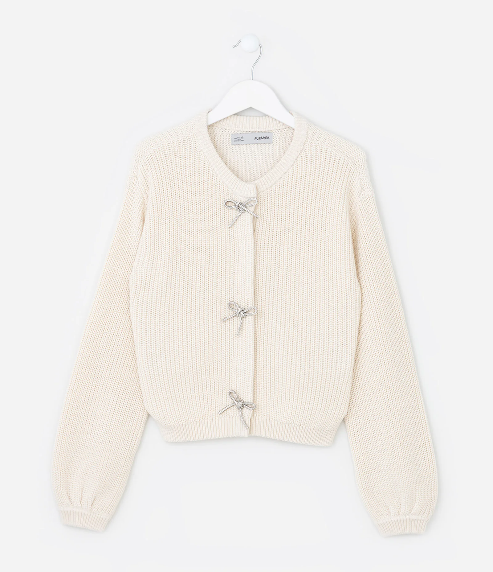 Cardigan Infantil em Tricô com Laços Brilhantes Frontais – Tam 5 a 14 Anos Off White 1