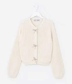 Cardigan Infantil em Tricô com Laços Brilhantes Frontais – Tam 5 a 14 Anos