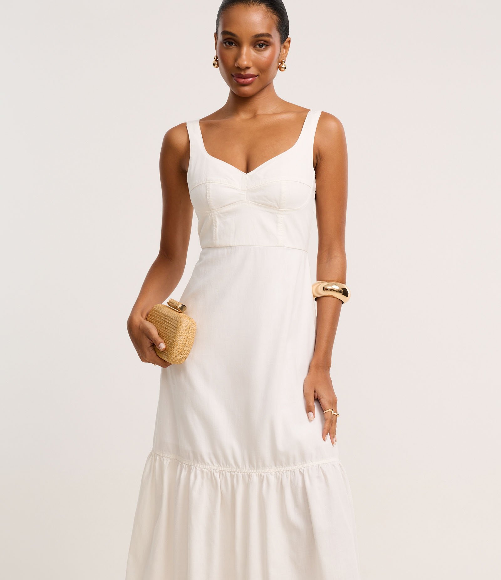 Vestido Longo em Sarja com Decote Coração Recortado Branco 1