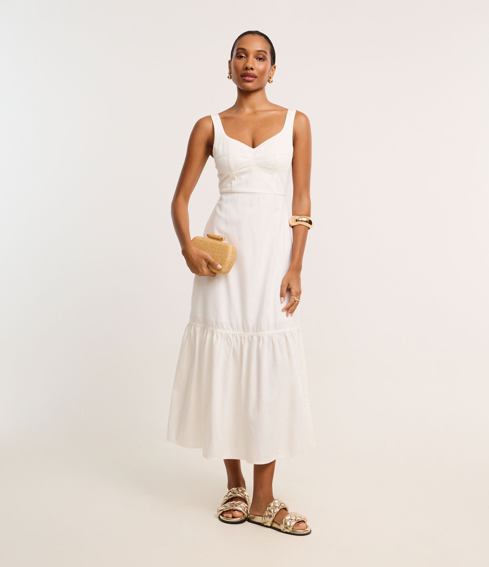 Vestido Longo em Sarja com Decote Coração Recortado Branco 2