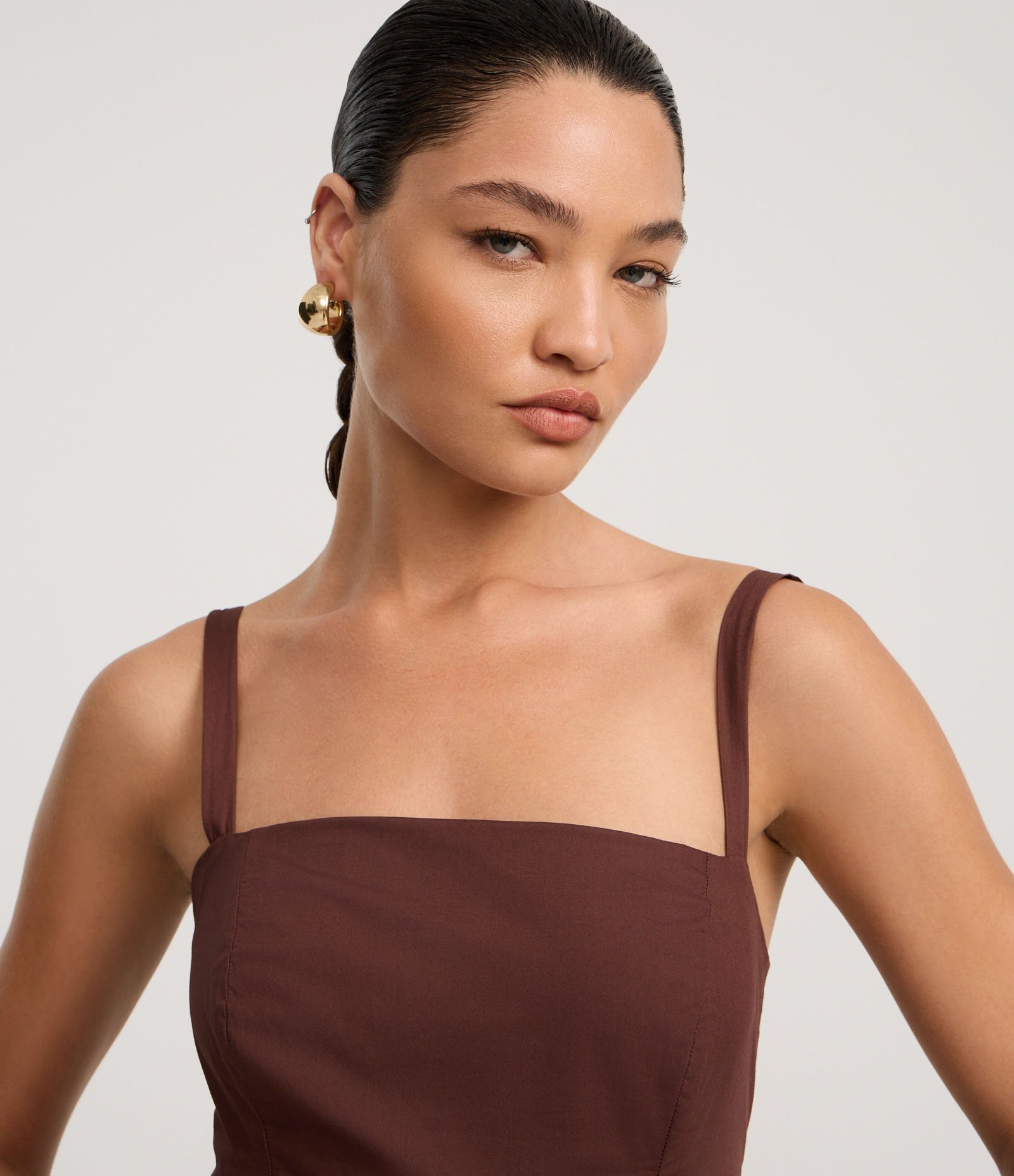 Vestido Balonê em Cotton com Elástico na Alça e Lastex Marrom 3