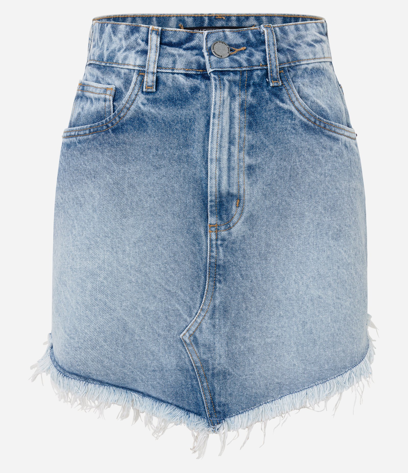 Saia Curta Jeans com Barra Desfiada Irregular Azul 5