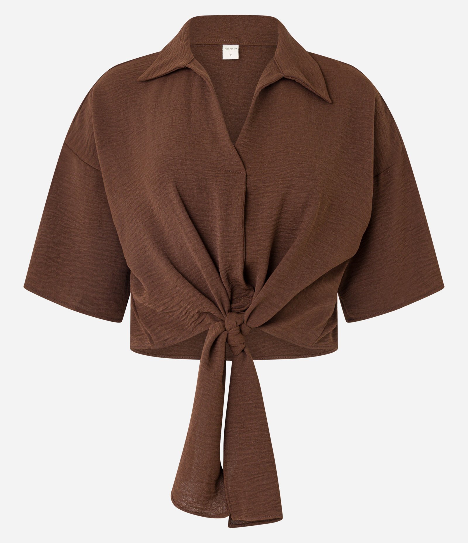 Blusa em Airflow com Gola Polo e Amarração na Barra Marrom 5