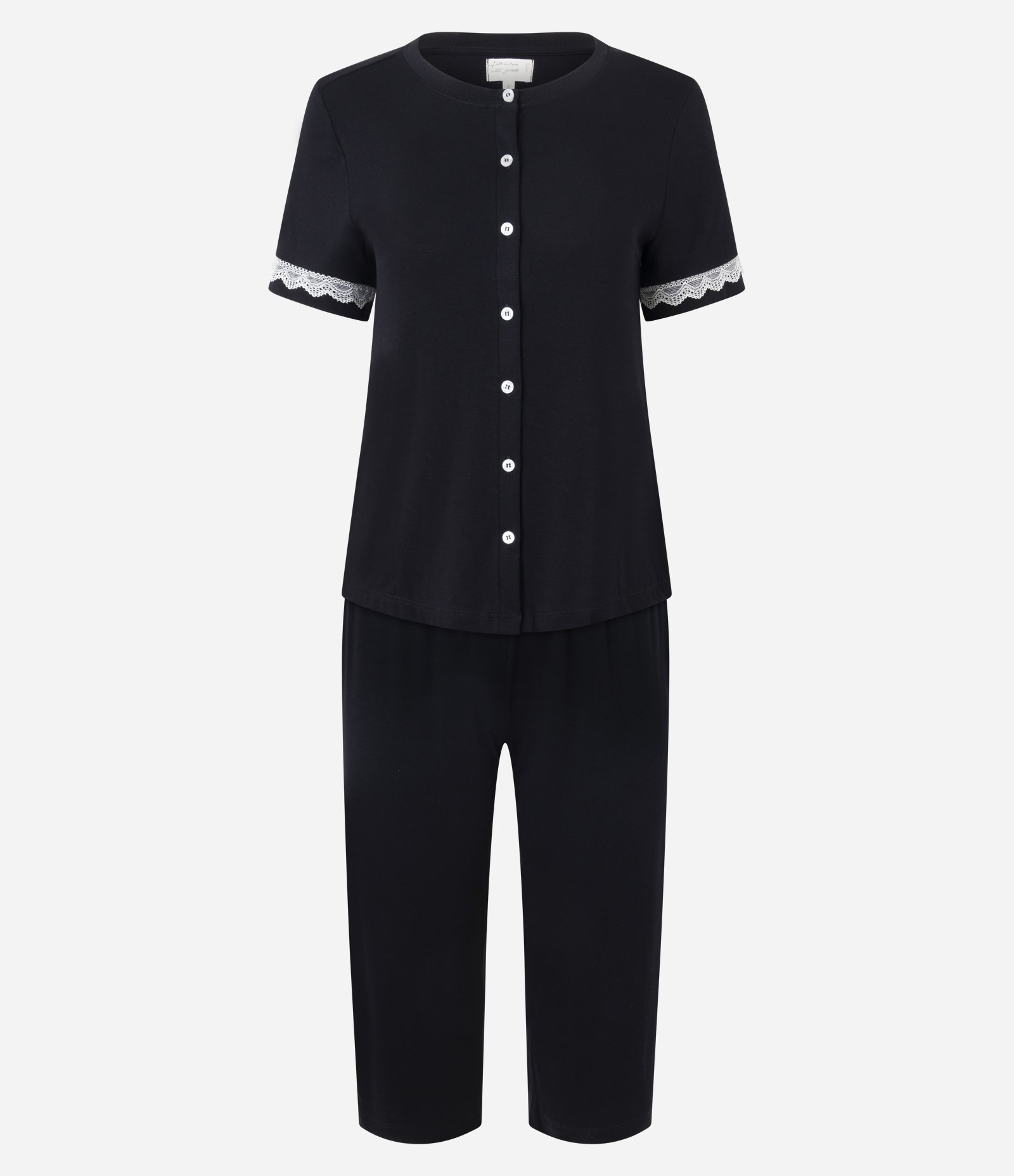 Pijama Longo em Viscose com Rendinha e Calça Capri Preto 1