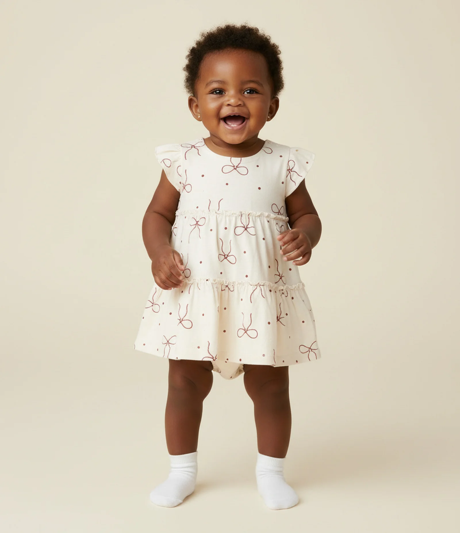 Vestido Infantil com Calcinha e Estampa de Laços – Tam 0 a 18 Meses Bege Claro 1