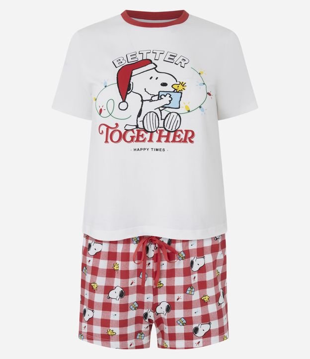 Pijama Short Doll em Cotton com Estampa Snoopy Natalino e Short Xadrez