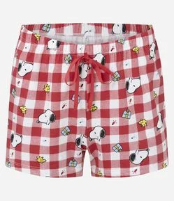 Pijama Short Doll em Cotton com Estampa Snoopy Natalino e Short Xadrez