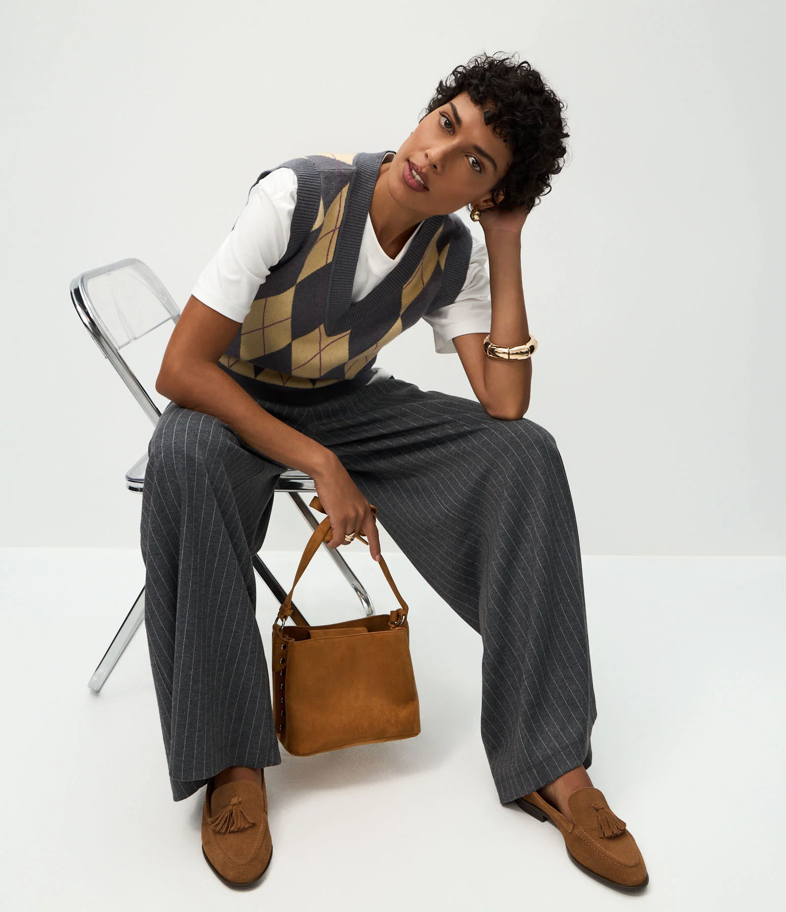 Colete Curto em Tricô com Estampa Xadrez Amarelo/Cinza 5