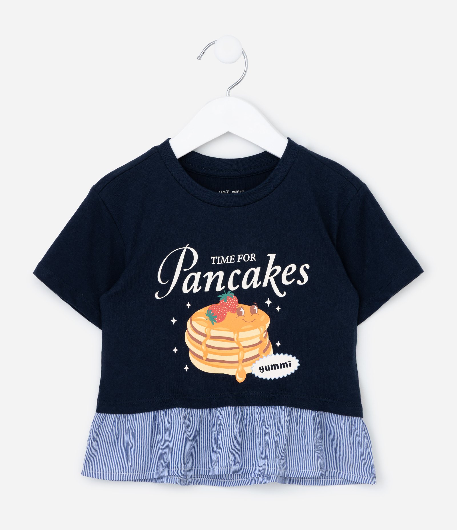 Camiseta Infantil com Estampa de Panquecas e Barra Listradinha - Tam 1 a 6 anos Azul 2