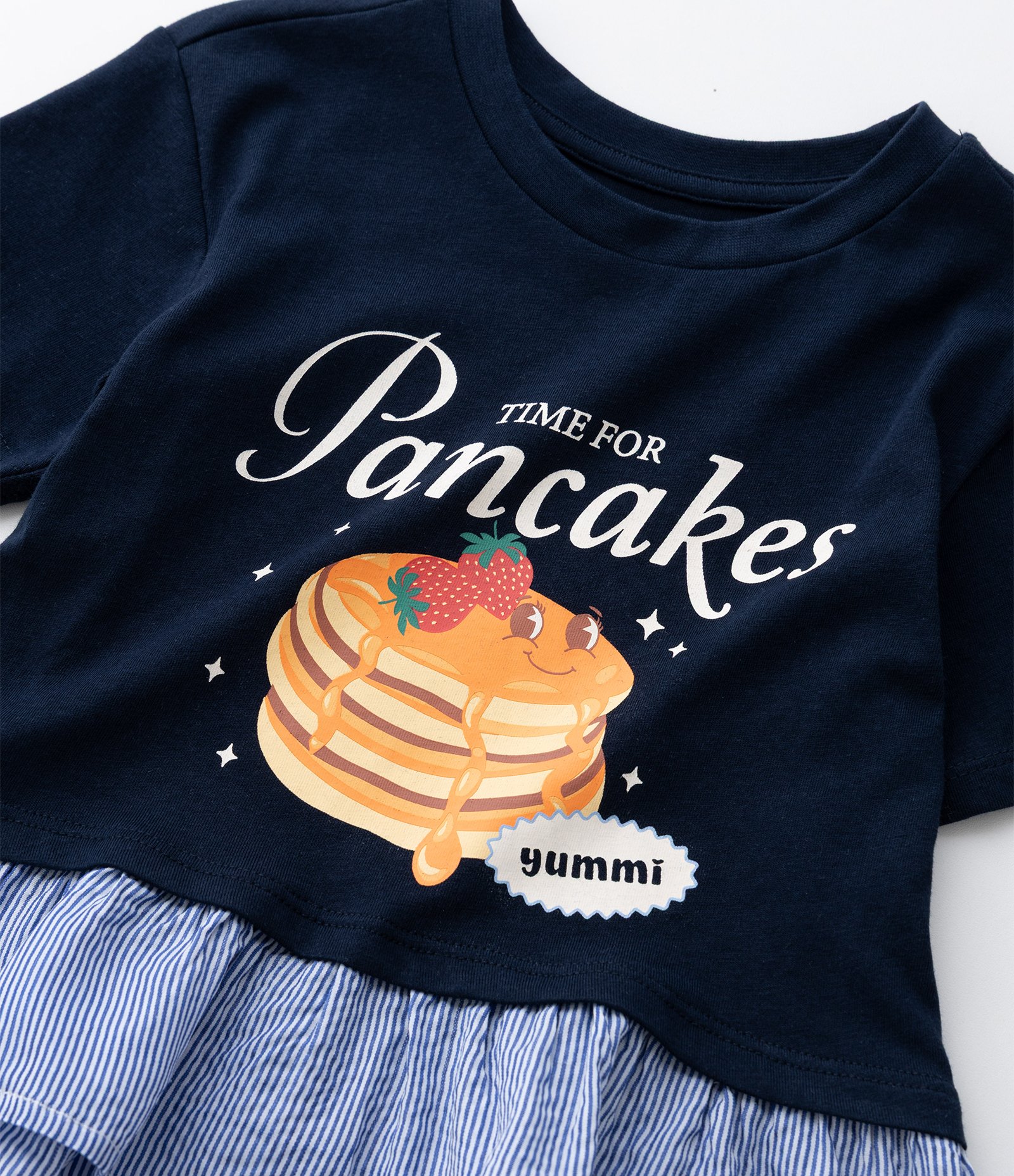 Camiseta Infantil com Estampa de Panquecas e Barra Listradinha - Tam 1 a 6 anos Azul 6