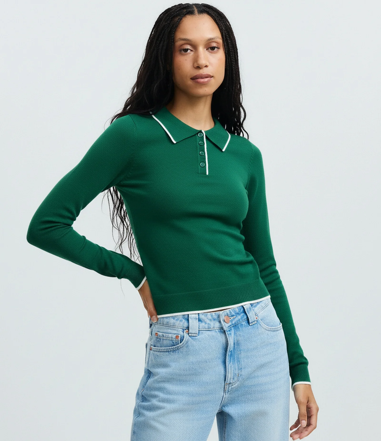 Blusa em Tricô com Gola Polo e Detalhe Contrastante Verde 1