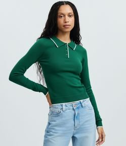 Blusa em Tricô com Gola Polo e Detalhe Contrastante