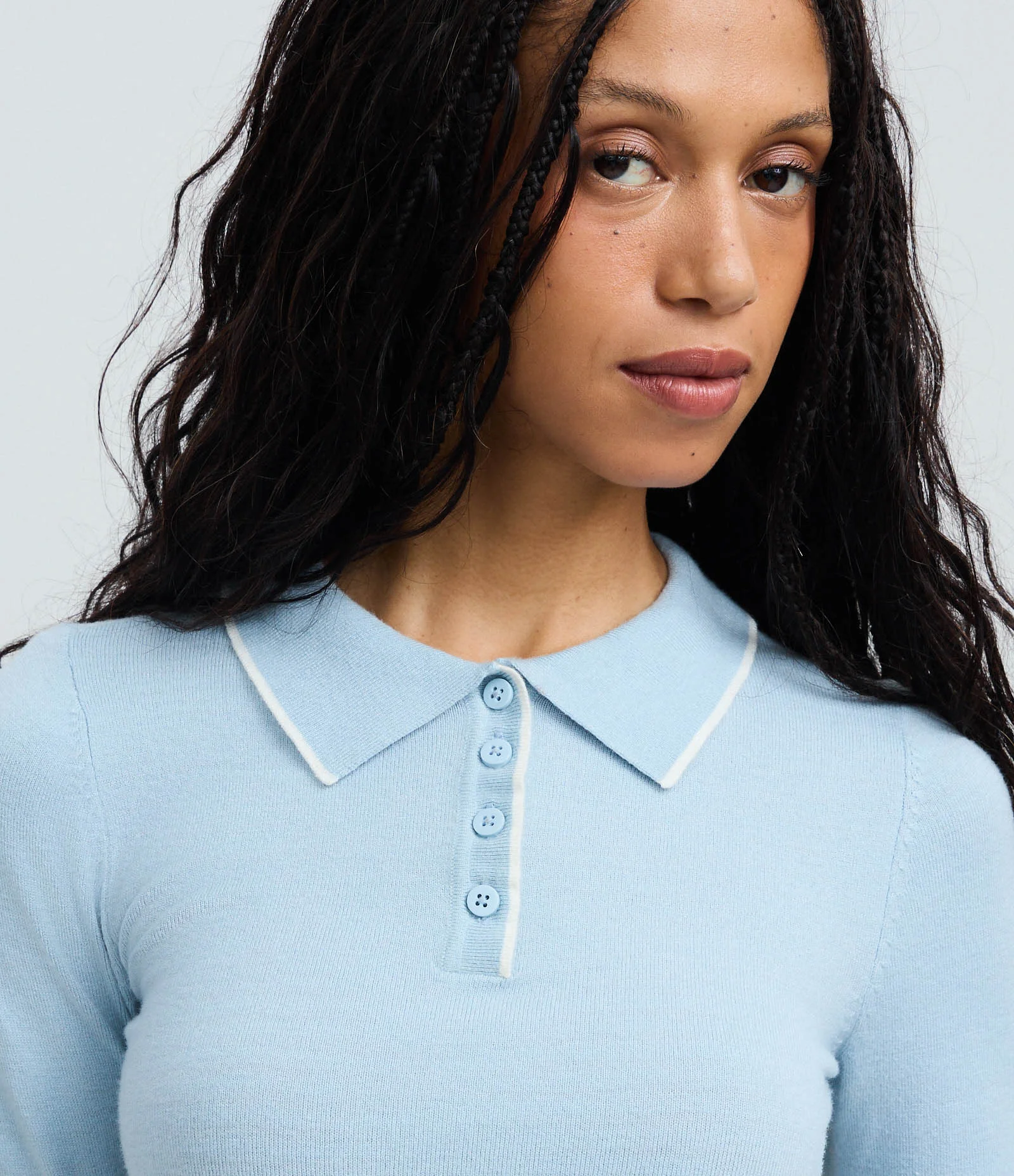 Blusa em Tricô com Gola Polo e Detalhe Contrastante Azul Bebê 3