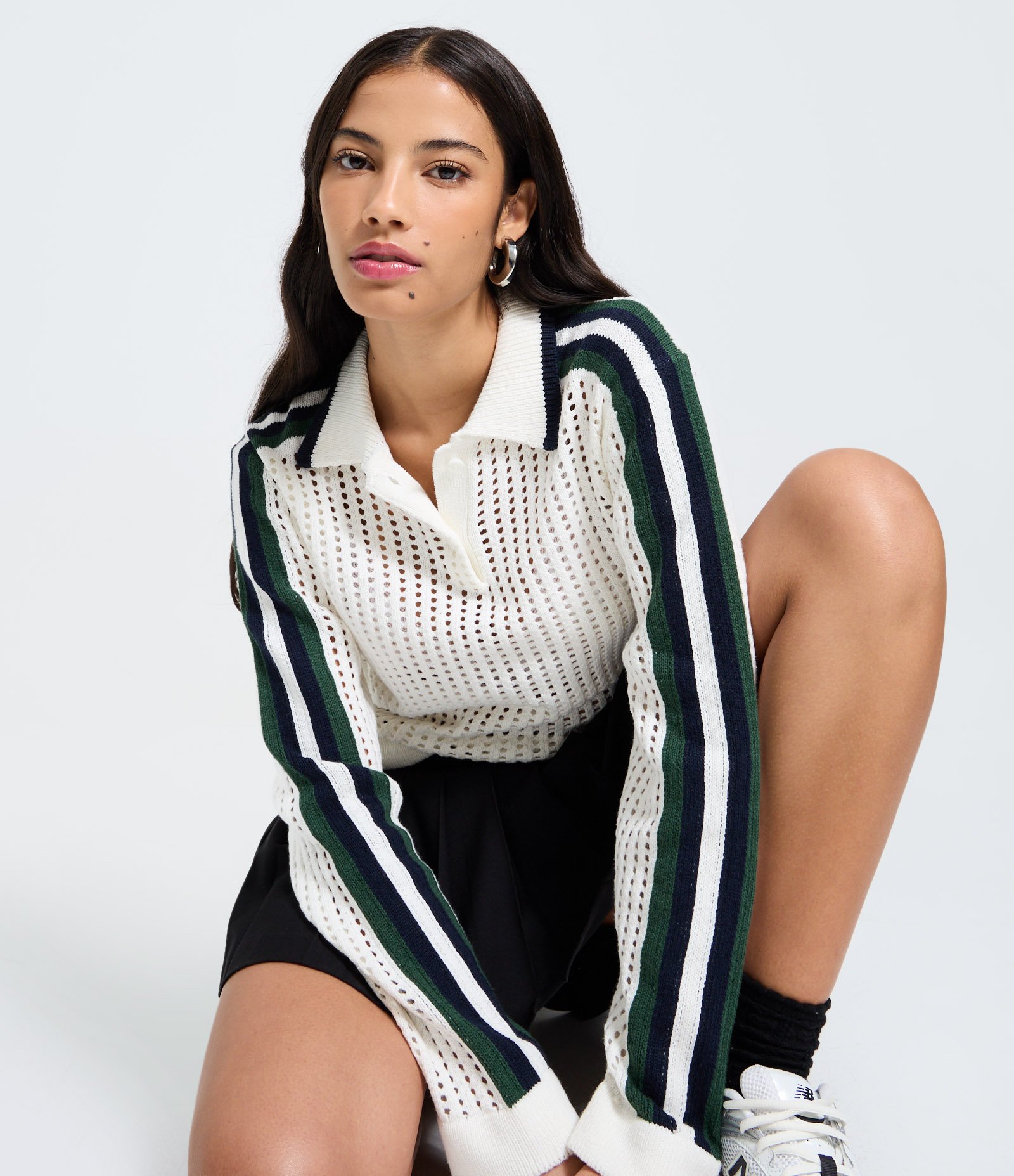 Blusa em Tricô com Gola Polo Furadinha Branco 1