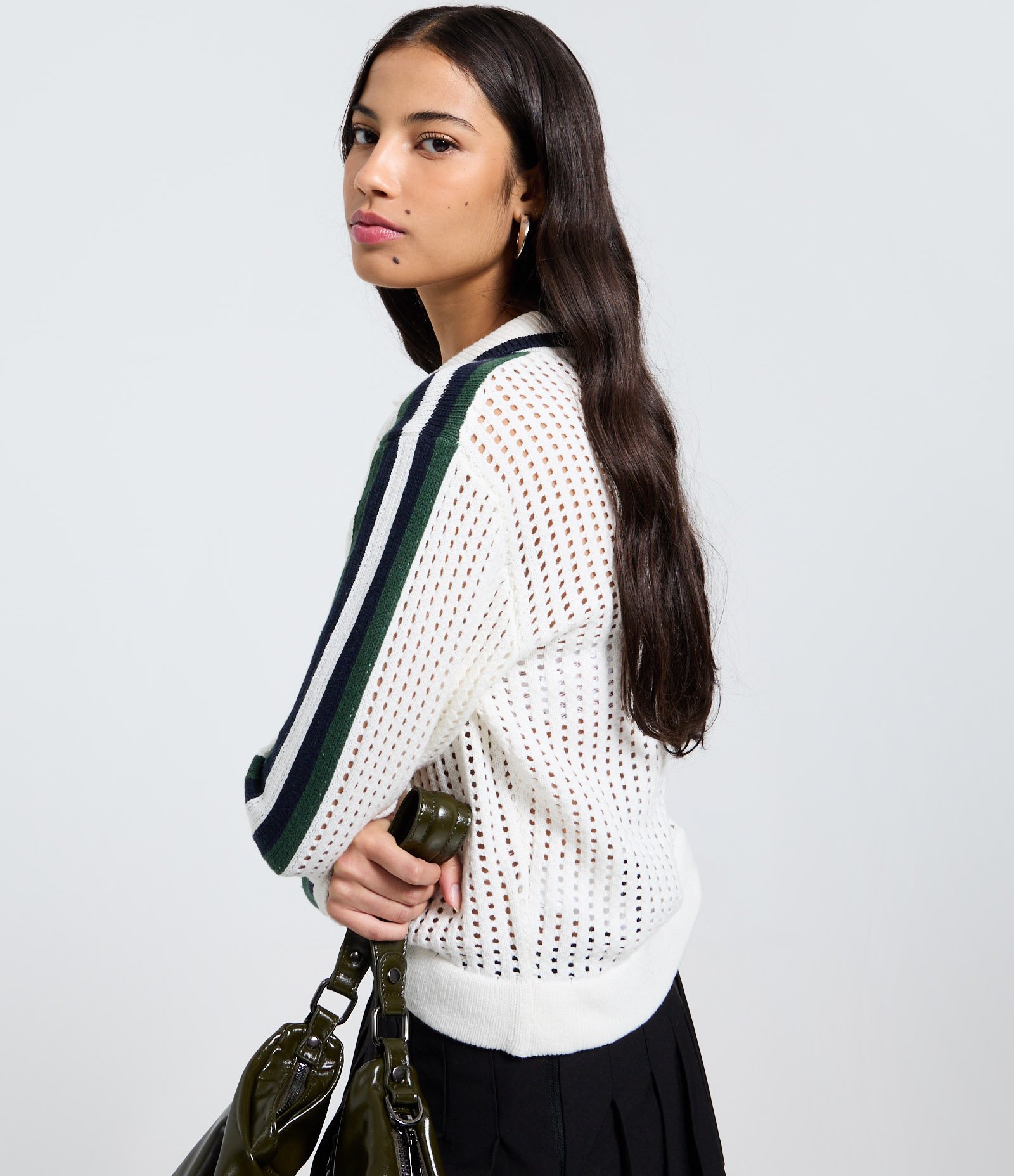 Blusa em Tricô com Gola Polo Furadinha Branco 3