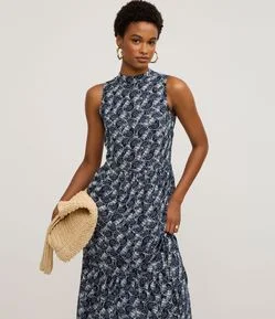 Vestido Evasê Longo em Viscose com Estampa Conchas