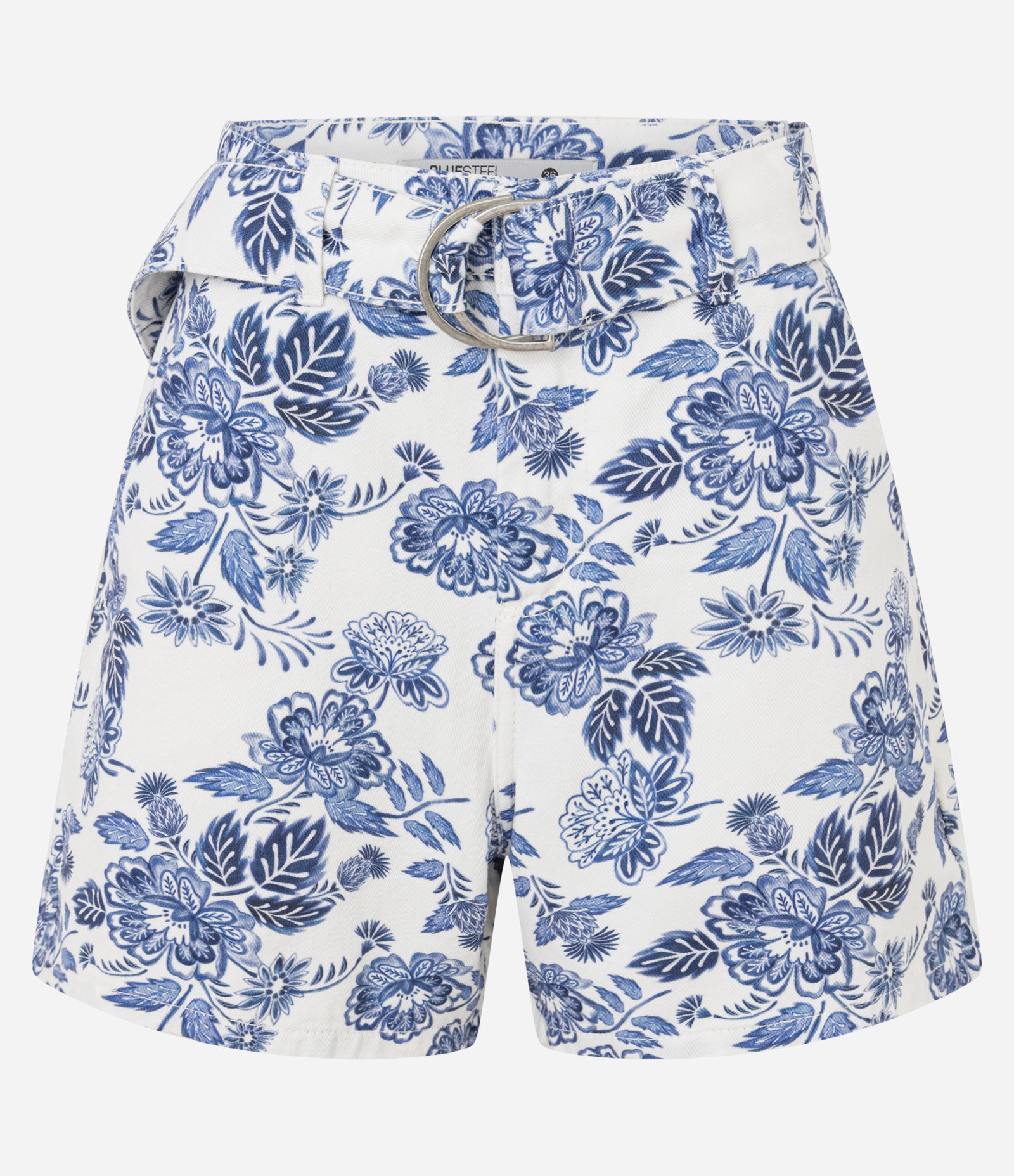 Short Cintura Alta em Sarja com Estampa Folhagem Azul/Branco 6