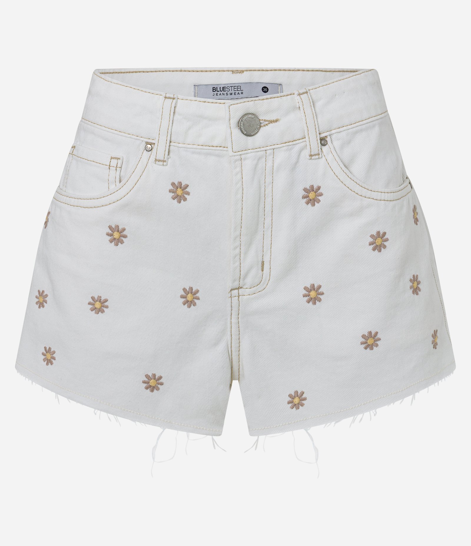 Short Slim Cintura Média em Sarja com Bordado Floral Branco 6