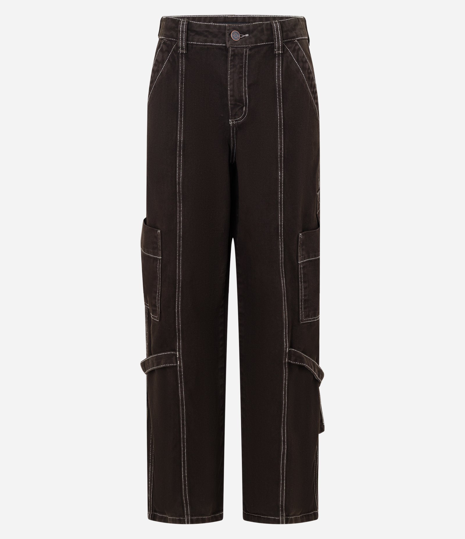 Calça Baggy em Sarja com Bolsos Cargo e Costua Aparente Marrom 1