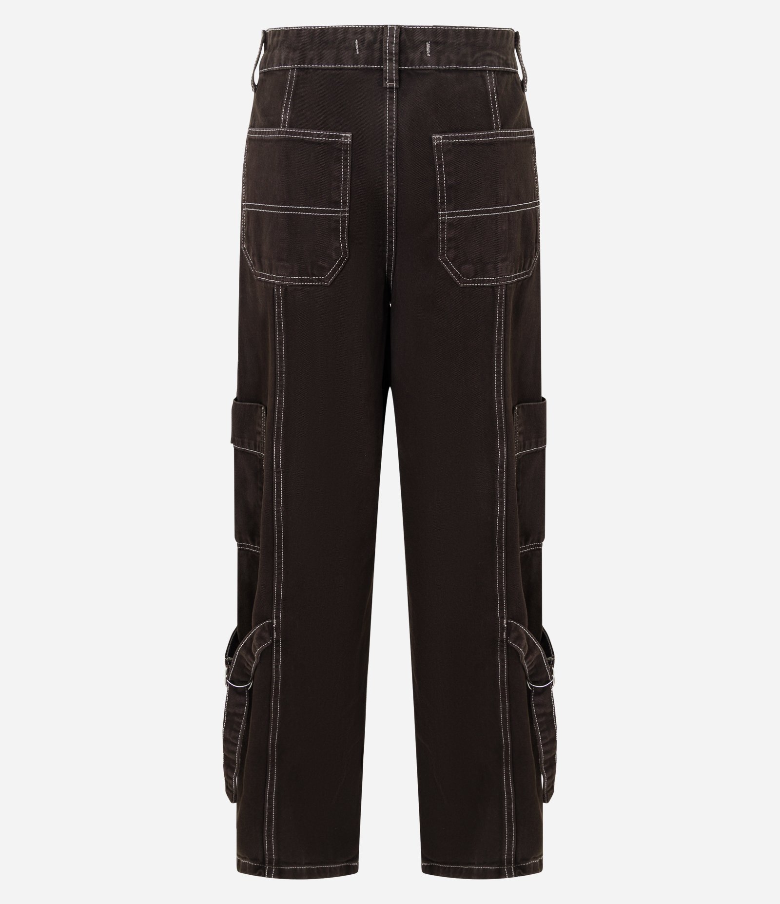 Calça Baggy em Sarja com Bolsos Cargo e Costua Aparente Marrom 2